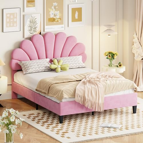 ZYLOYAL10 Polsterbett Doppelbett 140 x 200 cm, Bettrahmen mit blumenförmigem Kopfteil und Lattenrost, Erwachsenen-Jugendbett in hautfreundlichem Samtstoff, Gästebett Rosa