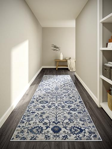 Villeroy & Boch Kurzflor Teppich Ernest - Klassischer Wohnzimmerteppich - Traditioneller Teppich für Wohnzimmer, Schlafzimmer, Esszimmer, Flur, Küche – Creme Blau, 80x240cm