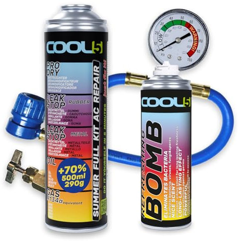 Cool5 Kit de réparation de climatisation d'été complet AC 5 en 1 (R134a de rechange de gaz) avec tuyau de mesure - Pour voitures 1995-2016, 290 g + 70 % de produit Refreshing Bomb