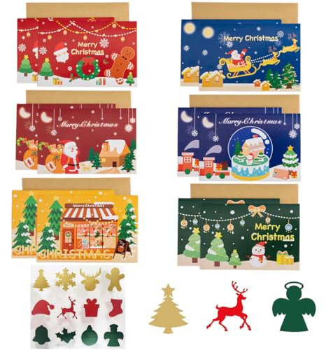 NJCXOLA 12 Pcs Weihnachtskarten mit Umschlag und Aufkleber Set, A6 Postkarten Set für Weihnachten, Falt-Weihnachtskarten, für Familie und Freunde