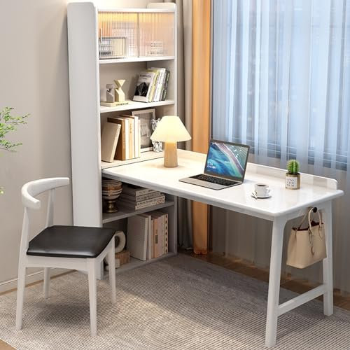 Escritorio moderno para oficina en casa con estantería y puerta de cristal con estantes abiertos, mesa de trabajo de madera maciza para espacios pequeños (47 pulgadas, blanco)