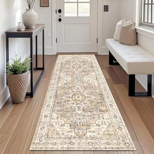SHACOS Boho Teppich Läufer Flur rutschfest Beige 60x180 cm, Küchenteppich Läufer Waschbar, Teppichläufer Flur Weich Flurläufer Vintage Teppich Läufer für Küche, Flur, Eingang