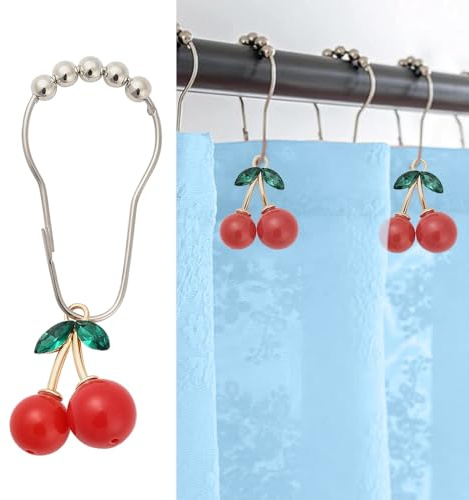 JSCARLIFE 12PCS Shower Curtain Hooks for Bathroom Shower Rods, Rustproof Stainless Steel Metal Decorative Cherry Shower Curtain Rings with Cute Resin (Cherry)