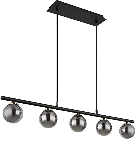 Hängelampe Pendelleuchte Esszimmerlampe, 5-flammig, Glas Kugel, Höhenverstellbar, Metall Rauchglas, schwarz, 5x G9 Fassungen, LxBxH 90x10x120 cm