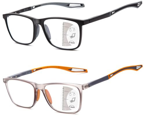 Amorays 2 Pack Gleitsichtbrille Progressive Multifokus Lesebrille für Herren und Damen, Sportliches Design und flexible Lesebrillen mit Anti-Blaulicht DJ8090(Schwarz&Gelb，+1.50