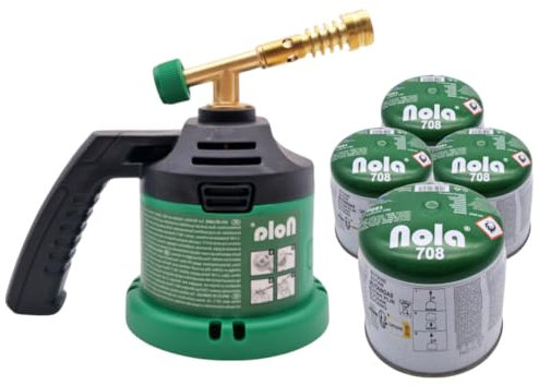 Nola Gas Lötbrenner inkl. 4 x 190 g Universal Gaskartuschen - 1300°C - Gasbrenner - Lötlampe zum Weich- oder Hartlöten - Flambierbrenner - Bunsenbrenner - Art. 869 + 4x708