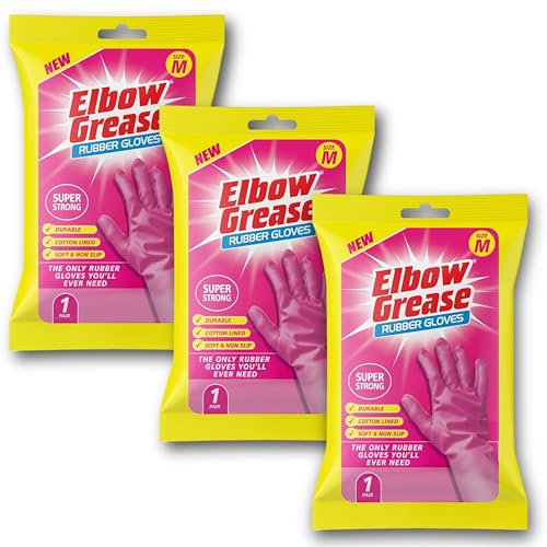 FREYPAC Elbow Grease Pink Washing Up Rubber Gloves, Durable and Cotton Lined, Non Slip, Ideal for the Kitchen or Garden, Pack of 3 Gloves, Bundle, Size M.