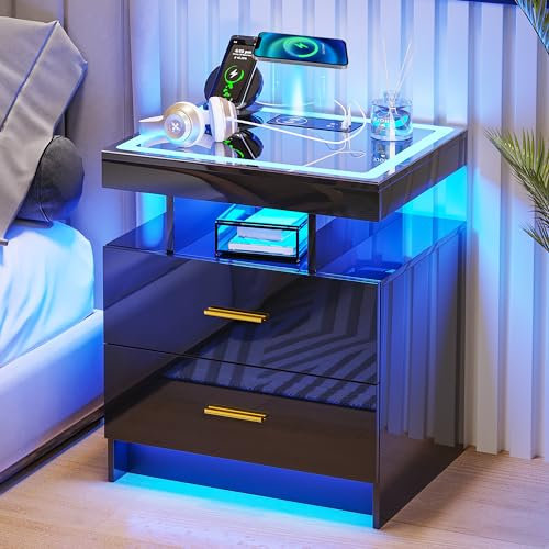 yoofun LED Bedside Table with Charging Station, High Gloss Nightstand with 2 Drawers, 24 Color Dimmable Modern Smart Night Stand with USB Type-C port Bedroom, Black End Table for Living Room Bedroom
