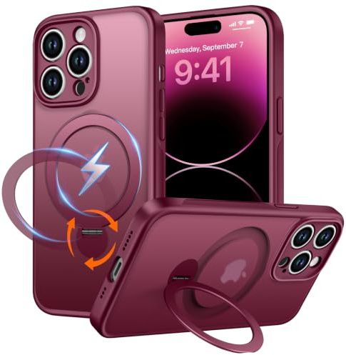 PuyaTeya Magnet-Ständer 360° für iPhone 14 pro Hülle, Matt-Weinrot | Kompatibel mit Magnetischer 16FT Military Drop Protection, Anti-Kratzer/Fingerabdruck Handyhülle für iPhone 14 pro