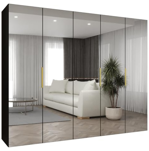 MEBLE KRYSPOL - Kleiderschrank mit Spiegel - Drehtürenschrank - Schrank 250x202x52cm - Garderobenschrank Schlafzimmer, Flur, Jugendzimmer - Farbe Schwarz, Griff Gold - Marbella 3 250