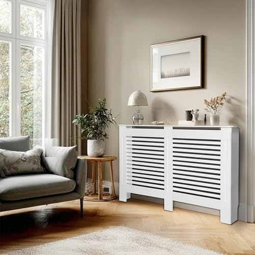 FATIVO Large Tall Radiator Cover Cabinet, External 101cm Height White Heater Covers Inner 100cm Horizontal Slats Modern MDF Radiator Shelf Thickened Living Room
