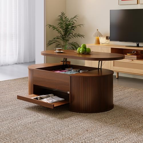 Soweiz Mesa de centro elevable, mesa de centro con lados curvos de madera, estante extensible, mesa elevable, mueble de salón multifuncional, 110 x 55,5 x 40 cm (color madera oscura)