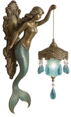 HGZHNAT Vintage Meerjungfrau Wandstatue, Mermaids Vintage Küstenhalterung Licht, 8/10 Zoll Glas Reflektierende Frontlichter Vorlage Schlafzimmer Neben Licht Mit Meeres Inspiriertem Lampenarm Moderne
