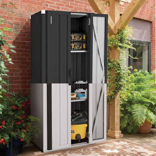 UNIONLINE Outdoor Tall Garden Storage Cabinet Shed with 3 Adjustable Shelves - Weatherproof Metal Cupboard for Garage & Patio - Black&White
