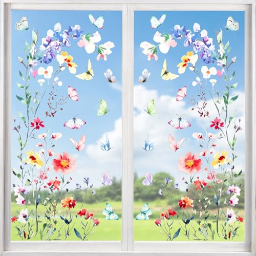 Fensterbilder Doppelseitig Blumen Fenstersticker Frühling | Wiederverwendbar, Selbstklebend, Fenster Aufkleber Deko Frühling Sommer, 2 Blatt, 30*60cm