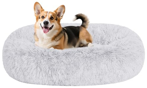 HMTOPE Orthopädisches Hundebett Rund, Katzenbett, Waschbar Kissen, 70x50cm | Hundesofa mit Egg-Crate Schaumstoff, Langer Plüsch Donut für Mittelgroße Hunde, Kuscheliges Hundekorb, Abnehmbar, Hellgrau