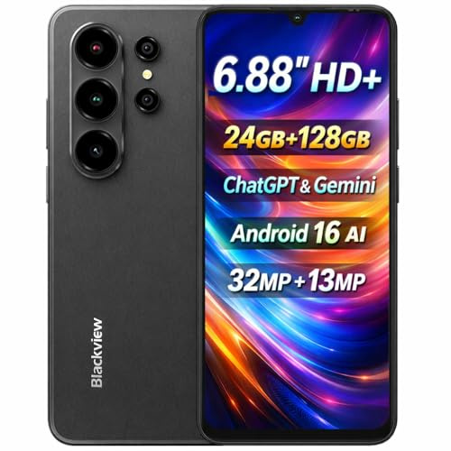 Blackview Wave 10 AI Smartphone, 6,88 HD+ Pantalla, 24GB+128GB(2TB Externa), 3 Asistentes Inteligentes IA, Cámara 32MP+13MP, Ranura para 3 Tarjetas, Android 16 Dual SIM, Teléfono Móvil GPS, Negro