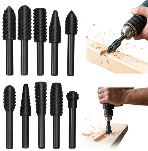 Ousuwo Juego de 10 fresas para madera para taladro, fresas de 1/4 pulgadas y kit de limas rotativas para bricolaje, tallado y grabado en madera