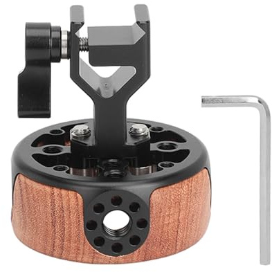 Round Wooden Side Camera Handle Handgrip, Quick Release NATO Rail Rod Clamp for SLR Mirrorless Camera Cage, Ergonomic Aluminum Alloy Grip with 3/8in - 16 Thread