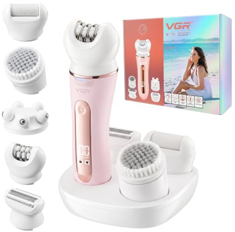 VGR 751 Epilateur Electrique Femme Sans Fil 5 En 1 Avec Étanche IPX6, Rose | Rasoir Electrique Femme Avec Brosse Nettoyante Visage, Éliminateur De Callosités Et Tête De Massage, Epilateur Avec Écran LED