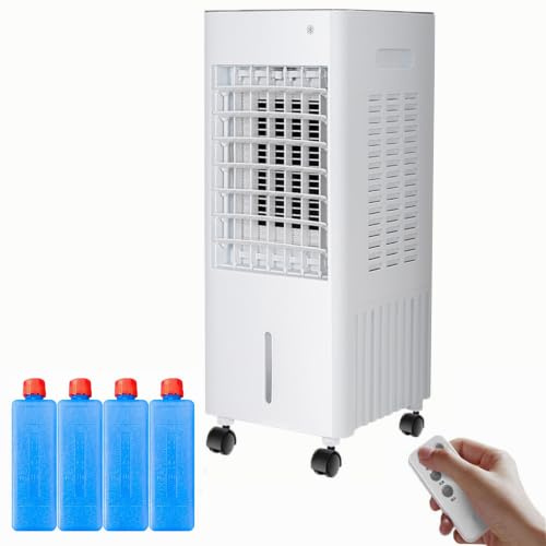 4-in1 Air Cooler Portable Air Conditioner Without Hose Evaporative Cooler 12L water tank with 4 Ice Packs,3 Wind Speeds,Quiet 7.5H Timer (White 1-12L water tank)