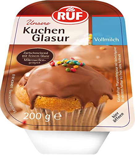 RUF Kuchen-Glasur Vollmilch-Schokolade, 200g im Becher, mikrowellengeeignet, zum Glasieren & Dekorieren von Plätzchen, Muffins & Kuchen, glutenfrei