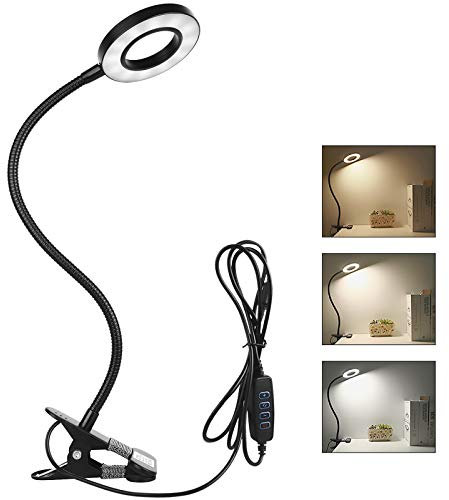 Semlos Desk Lamp Clamp, LED Clip on Light Bedside Light, White & Warm Dimmable Lights, USB Light for Reading Studying, Bed Clip Lamp with 3 Colors 10 Brightness, Black, 8W