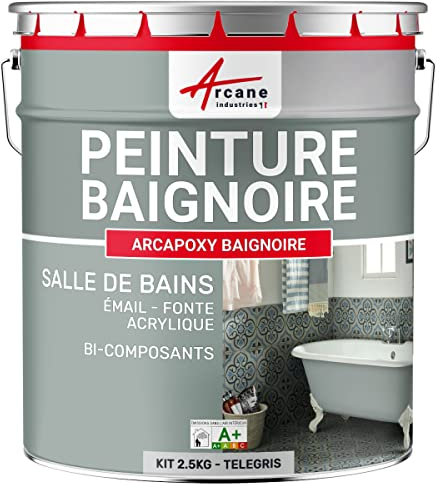 Peinture BAIGNOIRE LAVABO : Résine Salle de Bain pour Baignoire émail, acrylique et fonte - 2.5 kg (jusqu'à 8 m² en 2 couches) Telegris 4 - RAL 7047 - ARCANE INDUSTRIES