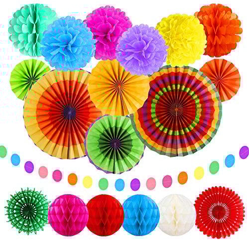 Dadabig 20 Stück Papier Fans Fächer, Regenbogen Hängende Papierfächer Dekoration Set Bunte Seidenpapier Pompons Wabenbälle Dekorpapier Kit für Hochzeit, Karneval, Feier und Party