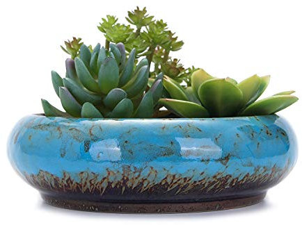 VanEnjoy 18,5 cm runde große Flache Sukkulenten-Übertöpfe aus Keramik, glasiert, mit Ablaufloch, Bonsaitöpfe, Garten, dekorativer Kaktusständer, Blumenbehälter (blau)