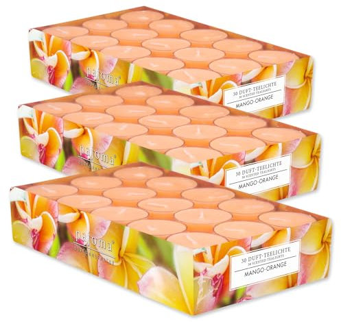 pajoma® Teelichte 3er Pack, Mango-Orange | 90 Duft-Teelichte in Polycarbonathülle, Brenndauer ca. 4 Stunden - Höhe 1,5 cm ø 3,5 cm | Premium Qualität | Deko, Gastronomie, Windgläser, Hochzeit