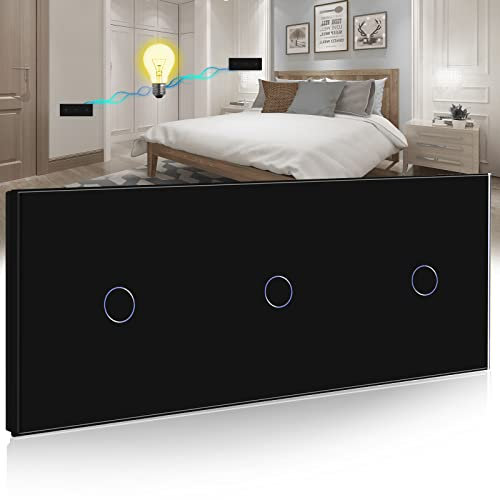 BSEED interruptor tactil Triple,1 Gang 2 Vías+ 1 Gang 2 Vías+1 Gang 2 Vías interruptor táctil de pared Negro con indicador LED, interruptores de luz pared con con panel de vidrio templado