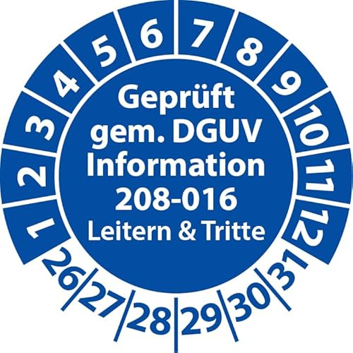 Prüfplakette Geprüft gemäß DGUV Information 208-016 Leitern und Tritte, Prüfaufkleber, Prüfetikett, Plakette (20 mm Ø, Blau, 100)