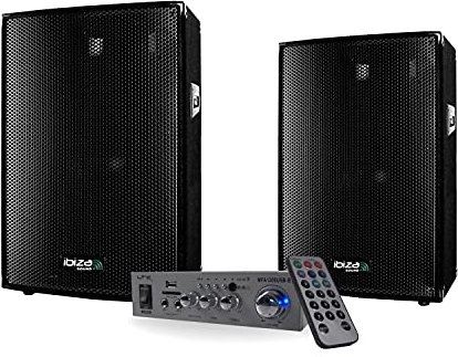IBIZA Sound Light - Pack Sono Karaoke 600w avec 2 Enceintes Sono 300W - 1 Ampli HiFi 100w Bluetooth et USB - 2 Micros filaires - Câble HP et Câble PC OFFERTS - Anniversaire Soiree Famille Fiesta