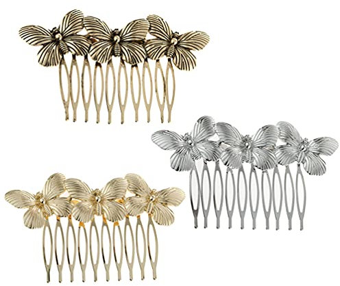 3 Stück Retro Schmetterling Haarkamm Dekorative 10 Zähne Metall Haarkämme Pin Haarschmuck für Mädchen und Frauen (Gold, Silber, Antikgold)