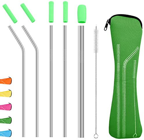 Uoking Metal Straws Set, Food Grade 304 Stainless Steel Straws with Soft Silicone Tips for Smoothie and Hot/Cold Drinks, Storage Pouch and Cleaning Brush Include
