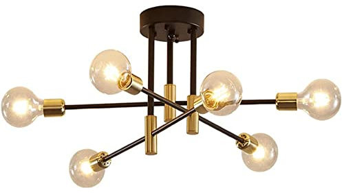 wenppran Industriell Schlafzimmer E27 Deckenleuchten Modern Suspension Wohnzimmer Leuchter Schwarz Metall Sputnik Deckenlampe 180° Einstellbarer Winkel 6 Lichter Semi-Inkasso Halbeinbau Leuchter
