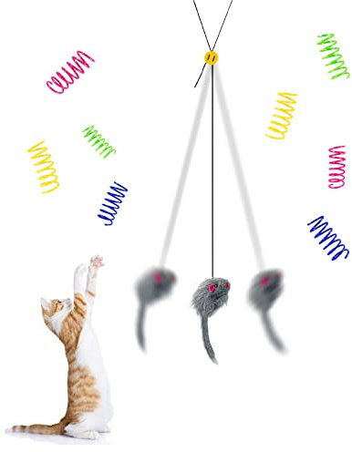 Andiker Juguetes interactivos para Gatos para Gatos de Interior 9 Paquetes, Juguete para Gatos con Cuerda elástica Ajustable, Juguete para Gatos y Ratones y 8 Piezas de resortes para Gatos