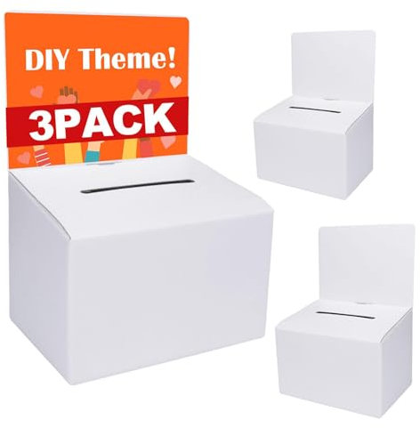GRAWUN Wahlurne aus Karton mit Schlitz, Vorschlagsboxen mit abnehmbarem Kopfband, weiß glänzend, 16,5 x 11,4 x 11,4 cm, Spendenboxen für Spendenaktionen, Sammelkarte und Wahlwettbewerb, 3 Stück