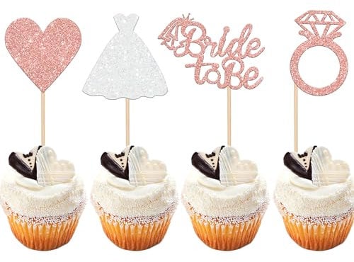 Xsstarmi 24 PCS Bride to Be Cupcake Toppers Glitter Heart Diamond Ring Bride Dress Bridal Shower Cupcake Picks Wedding Engagement Bachelorette Hen Party Cake Decorations Supplies Rose Gold