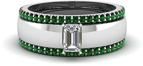 Solitaire Ring With Diamond Band sterling silver Created Emerald Emerald shape Green color Trio Wedding Ring Sets NO setting in Size Z1 Party Wear Daily Wear Ornament SR-D1276-EMERALD-CEM-Z1