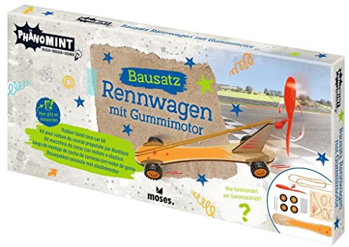 moses 30343 PhänoMINT Bausatz Gummimotor, Rennwagen-Bastelsets mit spannenden wissenschaftlichen Hintergrundinformationen, Holz-Spielzeug zum Selberbauen für Kinder ab 8 Jahren, Mittel