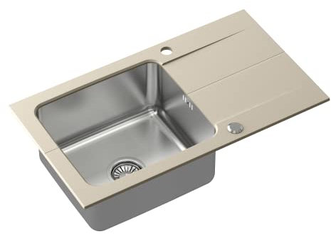 QUADRON Fregadero Beige | tamaño 78 x 44 cm | fregadero EDWARD de acero inoxidable de un seno con cubeta de acero | fregadero de granito con sifón manual y tapón de rosca | con escurridor