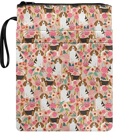 Poceacles Buchhülle mit Reißverschluss, Motiv: Beagle, Hund, Blumenblüten, aus Segeltuch, Taschenbuch, waschbar, für Teenager, Erwachsene, Liebhaber, Geschenk