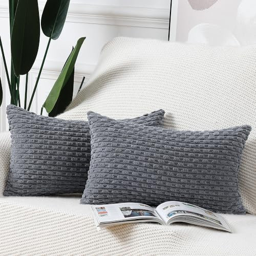 Madizz 2er Set Boho Gestreifte Kissenbezüge Weicher Kord Dekorativer Kissenbezug für Schlafzimmer Sofa Kissenhülle Grau 30 x 50 cm