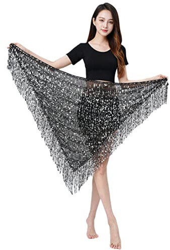 MUNAFIE Bauchtanz Hüfttuch, Pailletten Fransen Glitzer Rock Rave Festival Outfit Damen Schwarz Silber