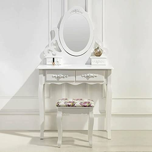 MOG CASA Tocador (L) Maquillage 145x80x40cm con Espejo | Taburete Acolchado Estampado con Flores | Forma Ovalada | 4 Cajones | Blanco y Crema