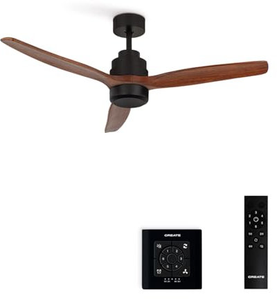 CREATE / WINDSTYLANCE/Deckenventilator Schwarz Dunkelholzflügel mit Wandschalter und Fernbedienung / 40W, Leise, Ø132 cm, 6 Geschwindigkeiten, Timer, Sommer-Winterbetrieb, doppelte Höhe