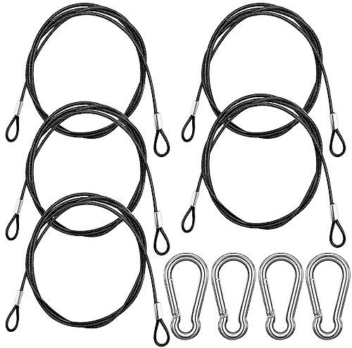 5 Pack 40 Inch(100cm) Safety Stainless Steel Tethers with 4 Pcs Spring Snap Hook Clips, Steel Wire Cable with Loops Vinyl Cover Coated Short Rope Lanyard Lock Safety Tether Chains, Black