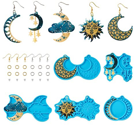 PandaHall - 5 stampi in silicone per ciondoli a forma di sole, luna, nuvola, stella, con ganci per orecchini, anelli di salto, per la creazione di orecchini e gioielli in resina epossidica